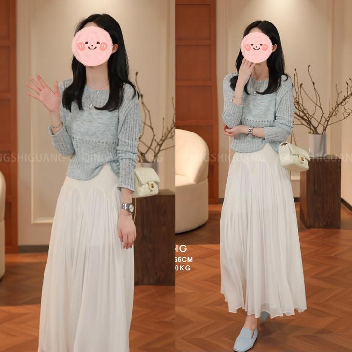 减龄蓝色镂空薄款高级感针织上衣女小个子甜美百搭半身裙两件套