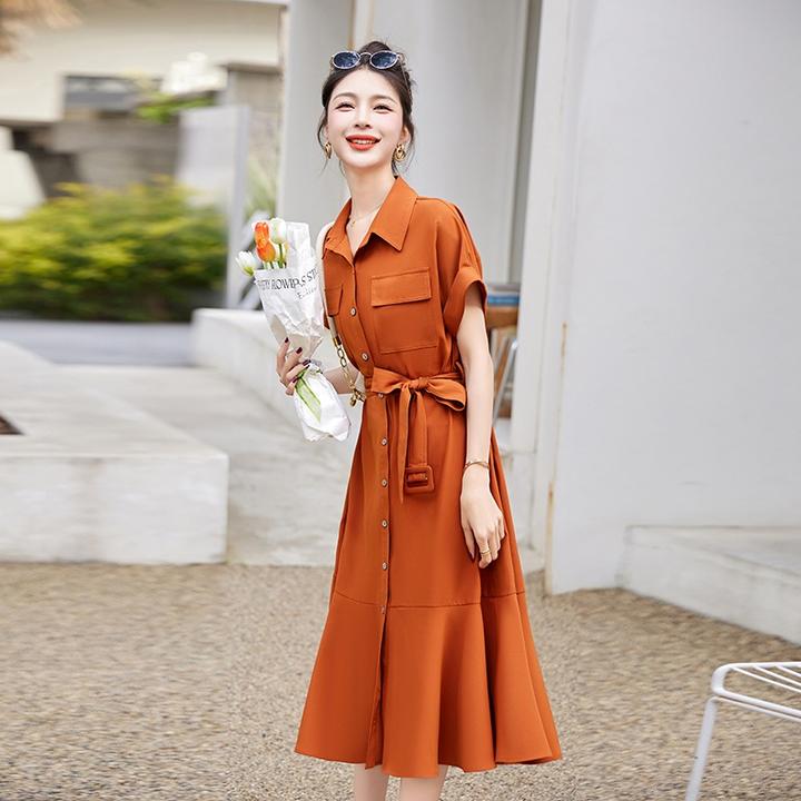 收腰气质连衣裙夏季新款设计感小众系带衬衫领鱼尾裙精品时尚女装