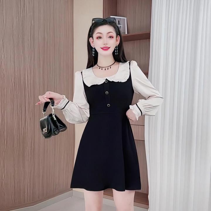 秋冬气质高级感连衣裙收腰显瘦法式名媛风设计感小黑裙娃娃领3717