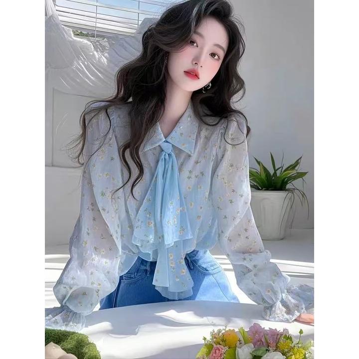 法式超好看独特漂亮蓝色碎花雪纺衬衫内搭女2025春高级感轻奢上衣