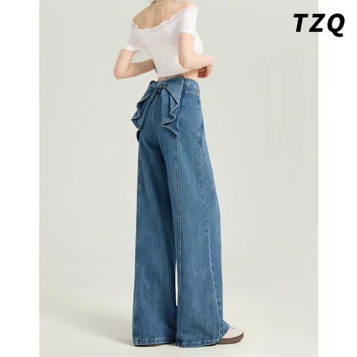 新款蝴蝶结设计感阔腿牛仔裤女2025夏季高腰百搭直筒裤TZQ2531101