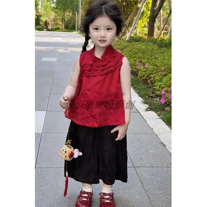 女宝夏季中式国风套装2025新款儿童红色提花马甲阔腿裤汉服两件套