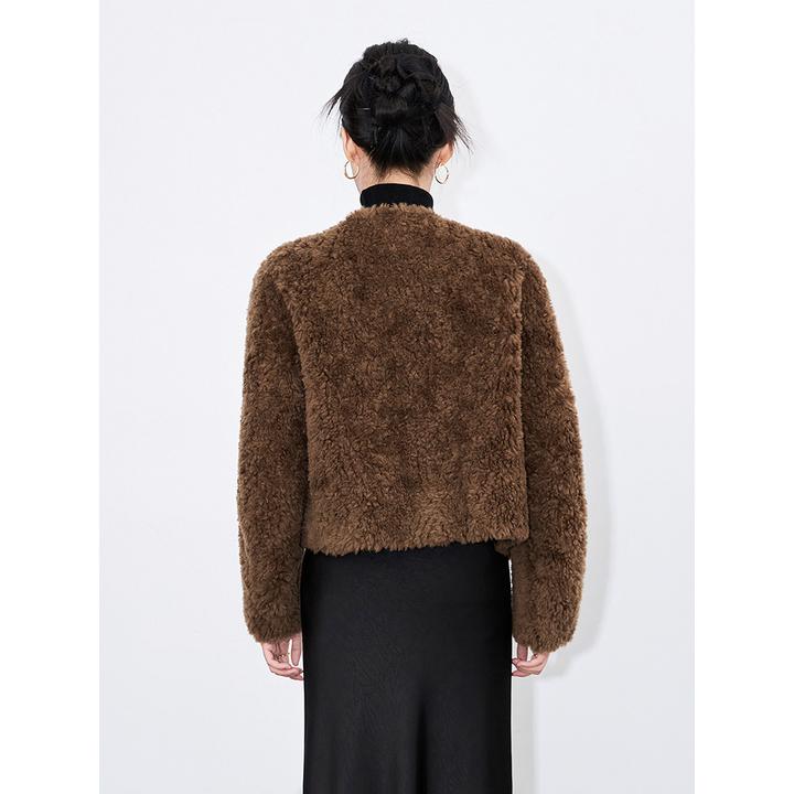 人造皮草 -羊羔毛羊剪绒皮毛V领暗扣长袖简约短款外套女冬款