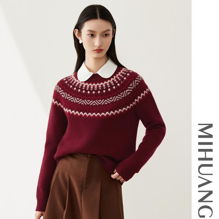 MIHUANG/米皇100山羊绒费尔岛厚款圆领女士羊绒衫女542535
