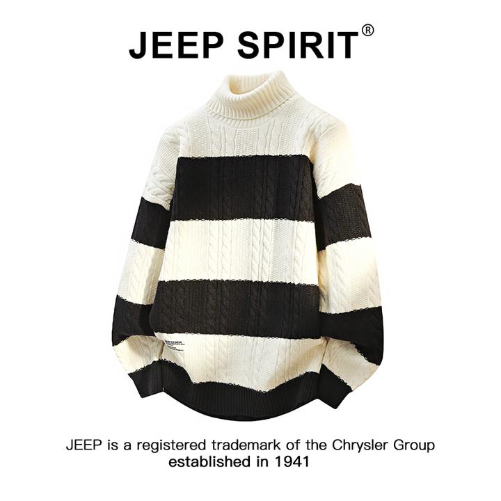 JEEPSPIRIT吉普港风拼色半高领毛衣男秋冬季潮流休闲提花针织上衣