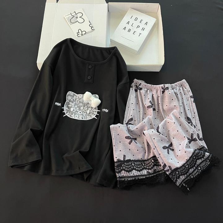 长袖睡衣女士春秋季德绒大码2025年新款灰领结kt猫套装冬天家居服