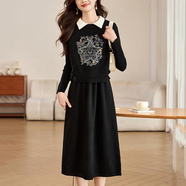 短款别致绣花马甲短款时髦气质妈妈装连衣裙中长款两件套2025新款