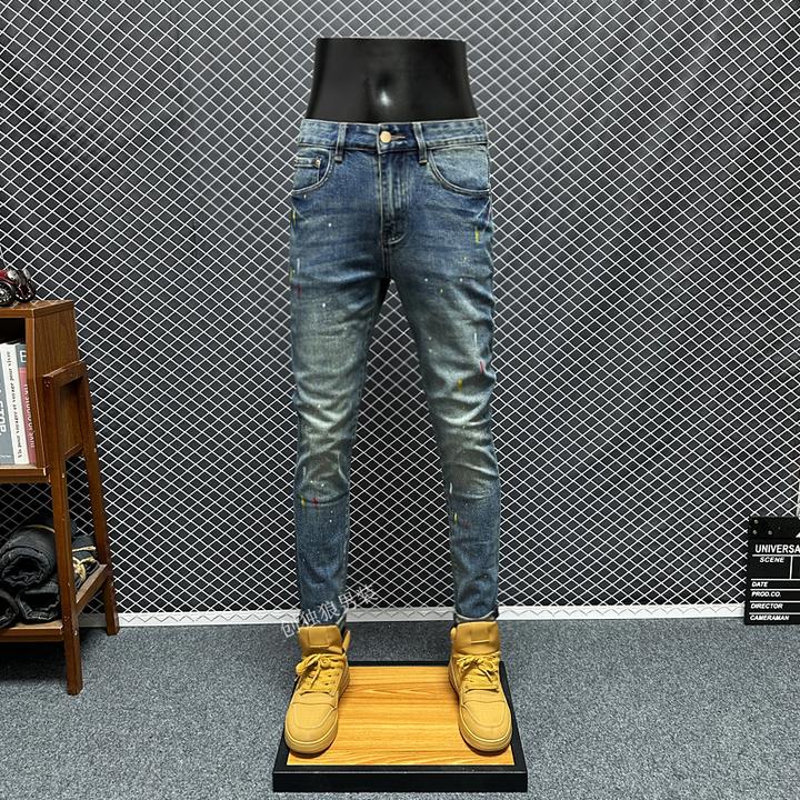 男士春秋修身小脚牛仔裤男水洗弹力蓝色休闲泼墨彩漆痞帅潮男裤子