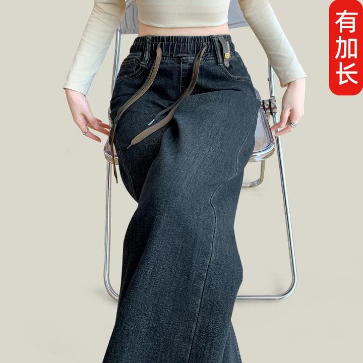 加长松紧腰牛仔裤女高个子大码窄版直筒阔腿裤2025新款春秋冬加绒