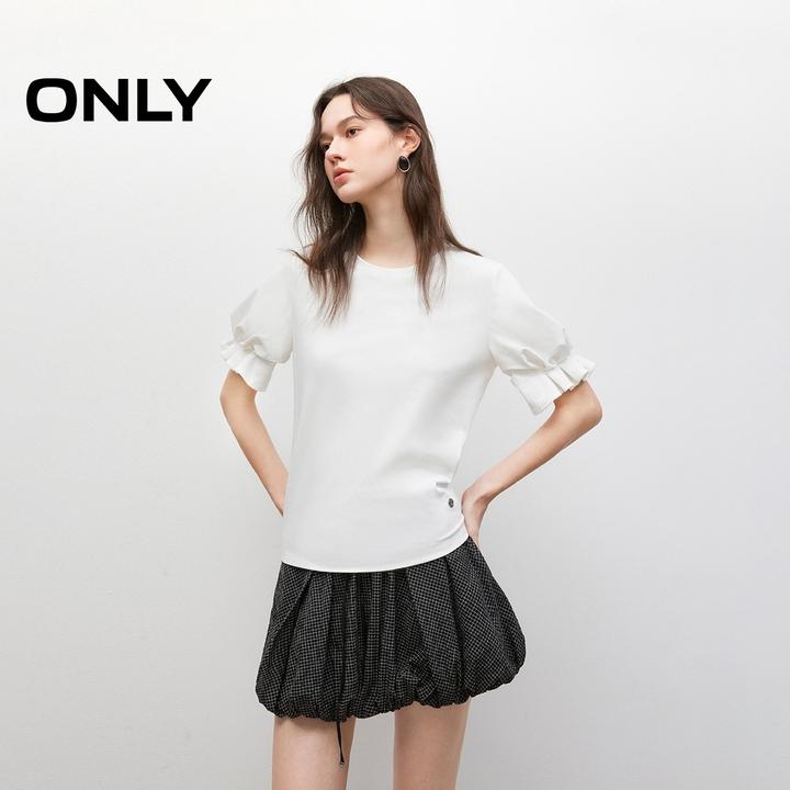 ONLY2025夏季新款舒适正肩圆领泡泡袖纯色短袖T恤女|125201091