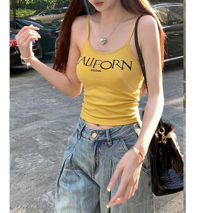 黄色吊带小背心女带胸垫内搭字母印花设计感小众外穿修身美背上衣