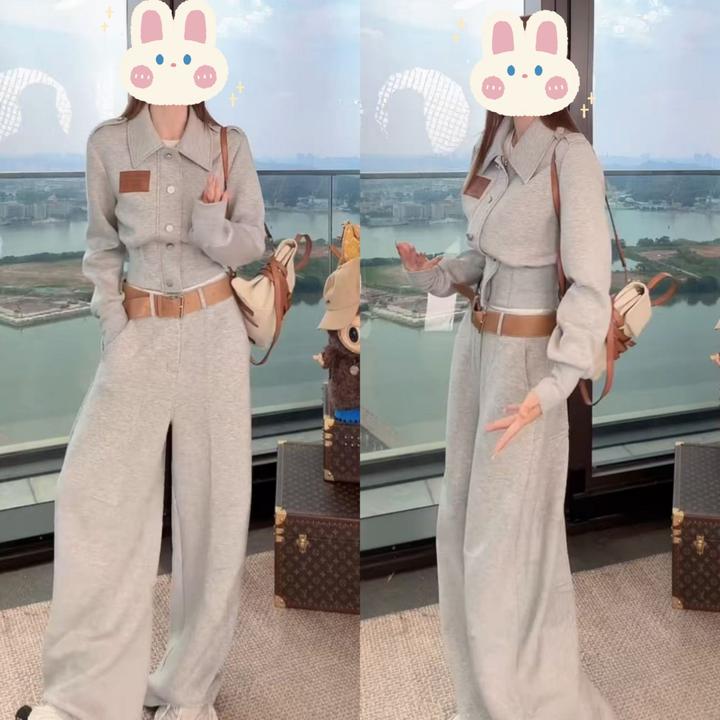 【超模腰lulu】收腰衬衫领长袖短外套+宽松拖地裤(送腰带)BB50366