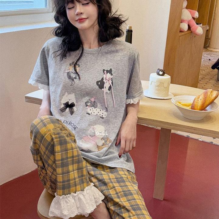 【新店7折】小熊家睡衣女夏季宽松可爱少女短袖长裤格子家居服可