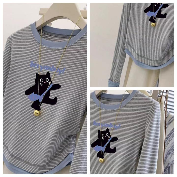 女童假两件条纹长袖上衣百搭春季新款儿童洋气T恤大童春装打底衫