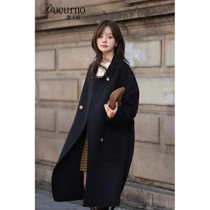 黑色羊毛呢外套女2025冬季新款韩版宽松系带中长款过膝双面呢大衣