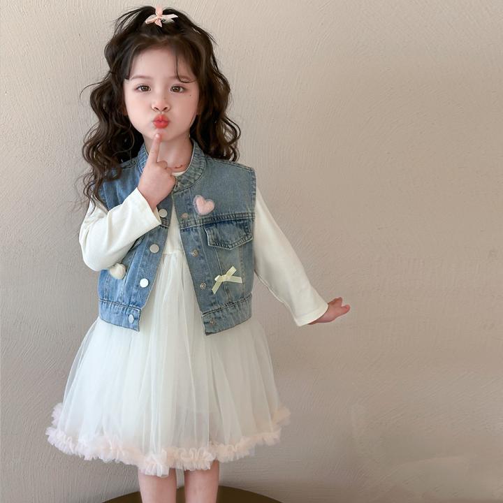 女孩网纱裙套装秋季牛仔马甲连衣裙洋气装两件套-9岁女童春秋套装