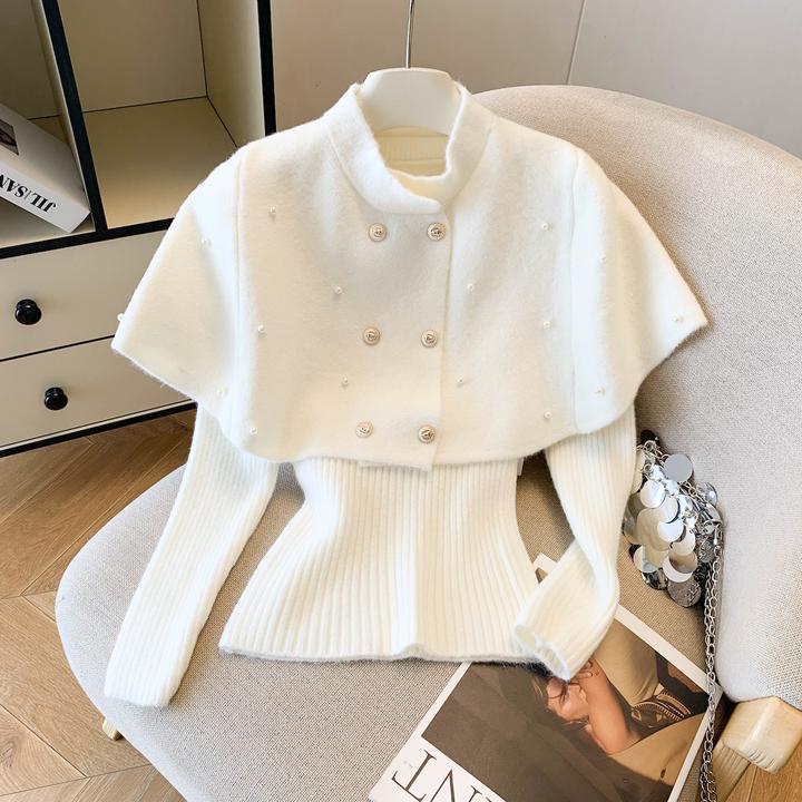 双排扣斗篷针织衫女款秋冬早秋新款韩系复古修身显瘦长袖上衣套装