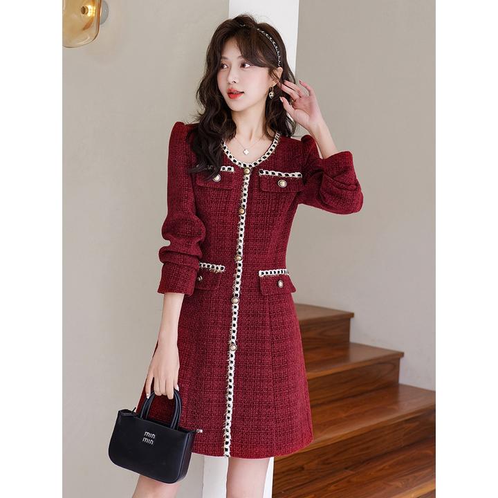 2024年春款韩版V领长袖小香风洋气A字裙修身时尚连衣裙