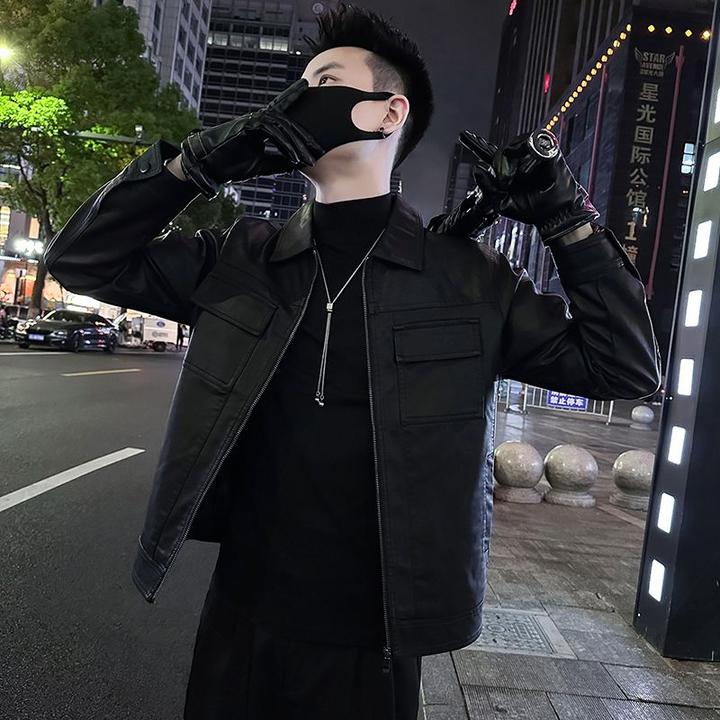 春秋季男士时尚潮流翻领PU皮衣夹克皮夹克新款休闲痞帅短款外套男