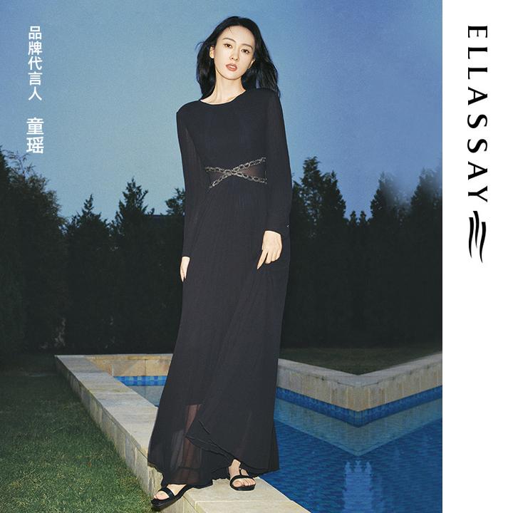 【童瑶同款】歌力思2024新款黑色褶皱礼服裙连衣裙女EWF351Y09600