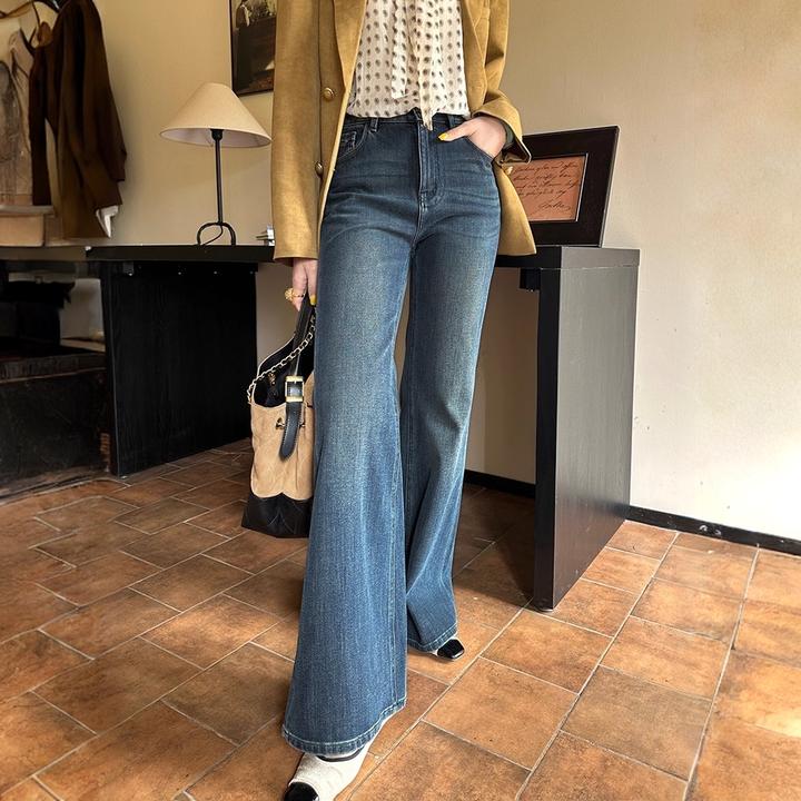 复古美式微喇牛仔裤新款女秋季胖mm梨形显瘦高腰修身直筒喇叭裤子