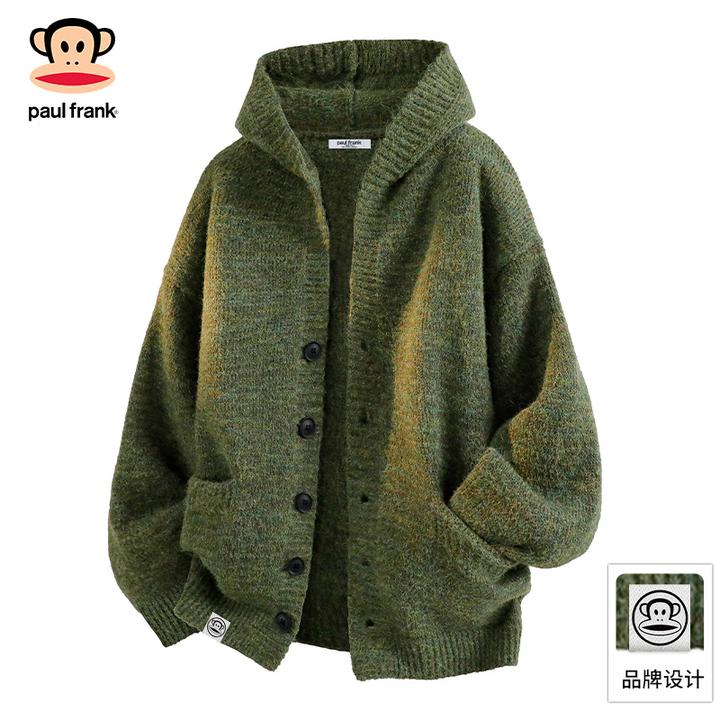 PaulFrank/大嘴猴连帽针织开衫男秋季宽松慵懒风情侣复古保暖毛衣