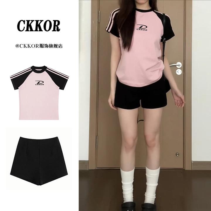 CKKOR学院运动风撞色短袖t恤女夏季套装时尚高腰显瘦百搭休闲短裤