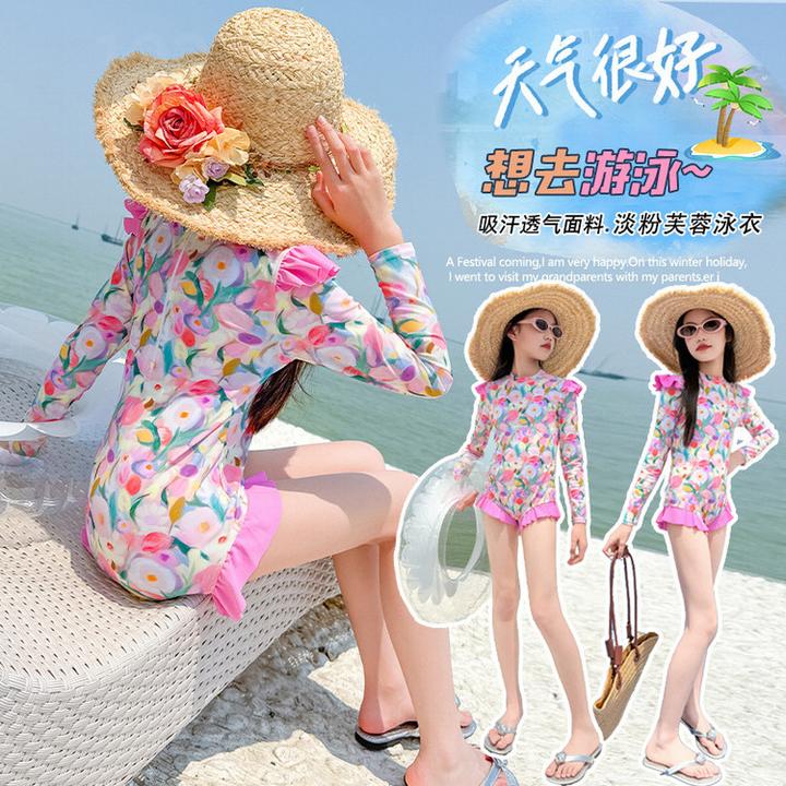 女童游泳衣2025新款长袖防晒儿童泳装公主风荷叶边中大童温泉泳衣