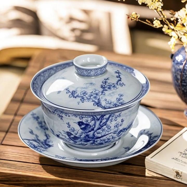 喜上眉梢三才盖碗青花瓷茶具防烫手手工盖碗泡茶白瓷釉下彩大容量