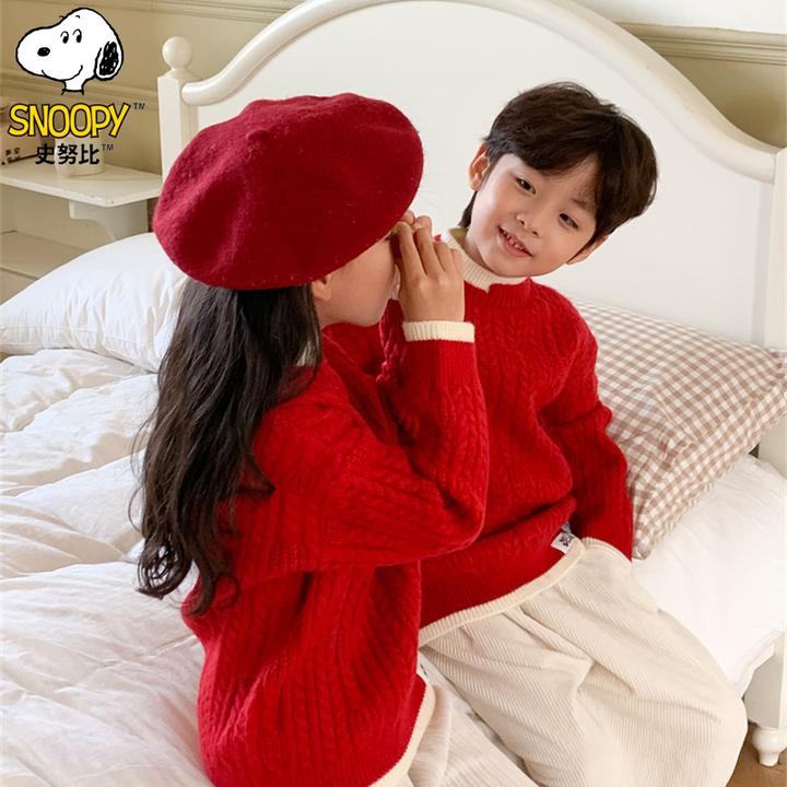 Snoopy/史努比1男女童毛衣儿童女孩加厚宝宝套头假两件红色针织衫