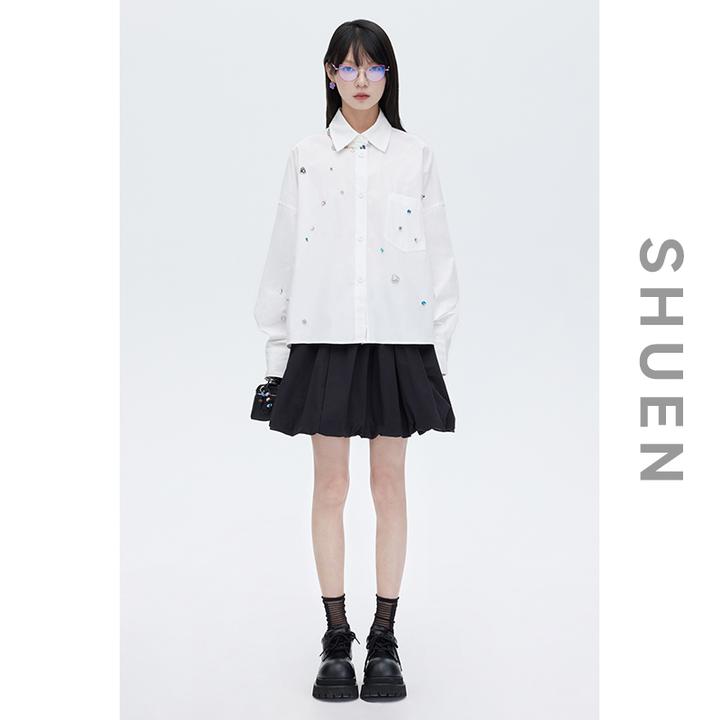 束恩重工40支斜纹全棉上衣多色不规则手工钉钻2025白色宽松衬衫女