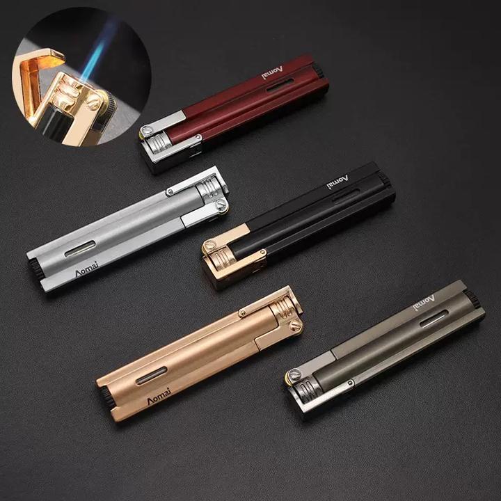 轻巧细条防风砂轮打火机开盖定火直冲可充气体金属打火机