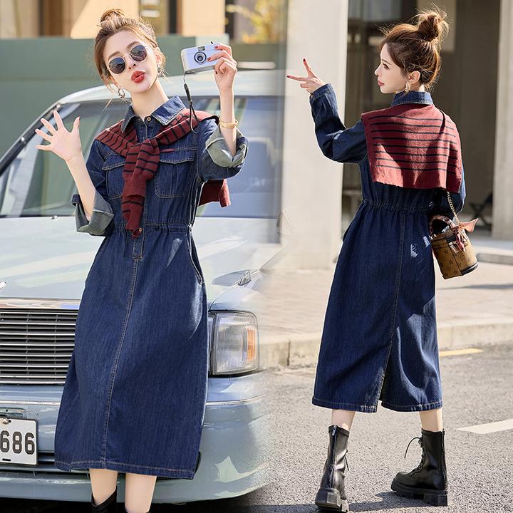 2025春秋新款翻领收腰显瘦衬衫裙时髦高级感小香风名媛牛仔连衣裙