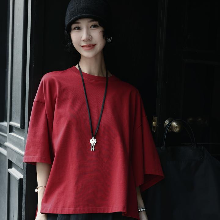 TT设计师【字里行间】纯棉慵懒松弛氛围感蝙蝠袖纯色T恤TT190451