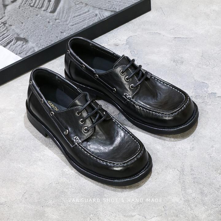 马皮宽版手工帆船鞋复古水洗大头浅口系带德比男休闲皮鞋黑