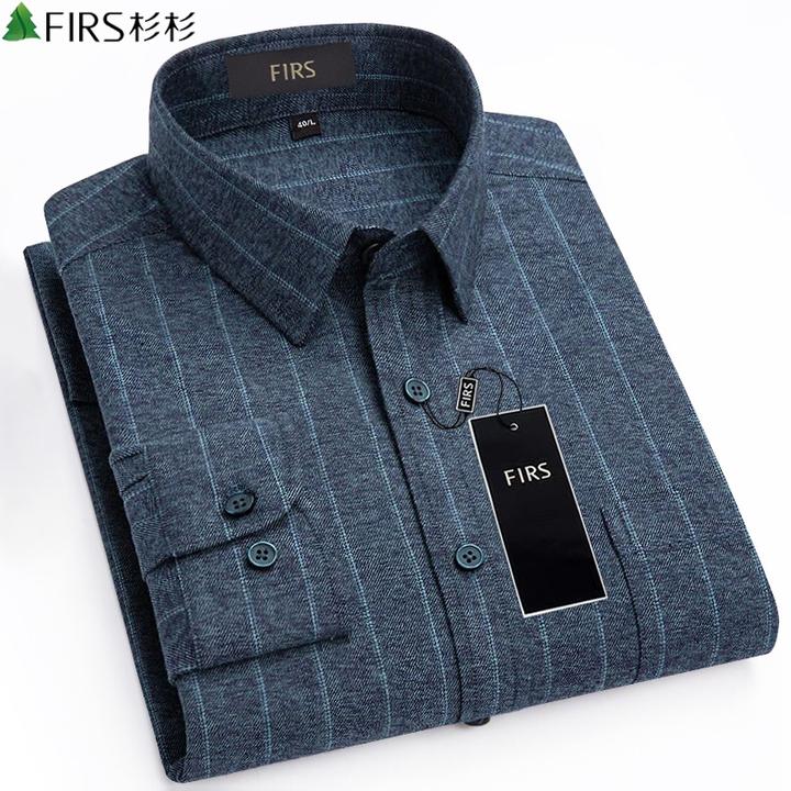 杉杉秋季100%纯棉男长袖衬衫中年爸爸装加肥大码磨毛条纹全棉衬衣