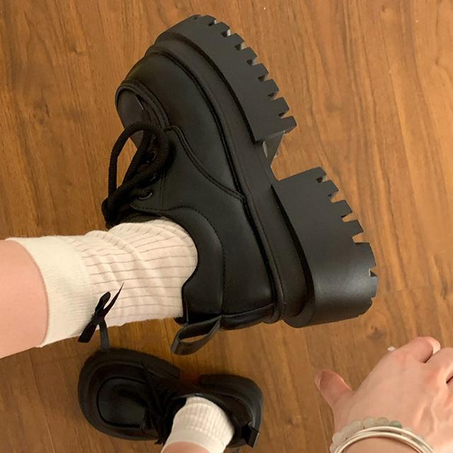 棕色大头厚底系带小皮鞋女2025年春秋新款英伦风复古百搭增高单鞋