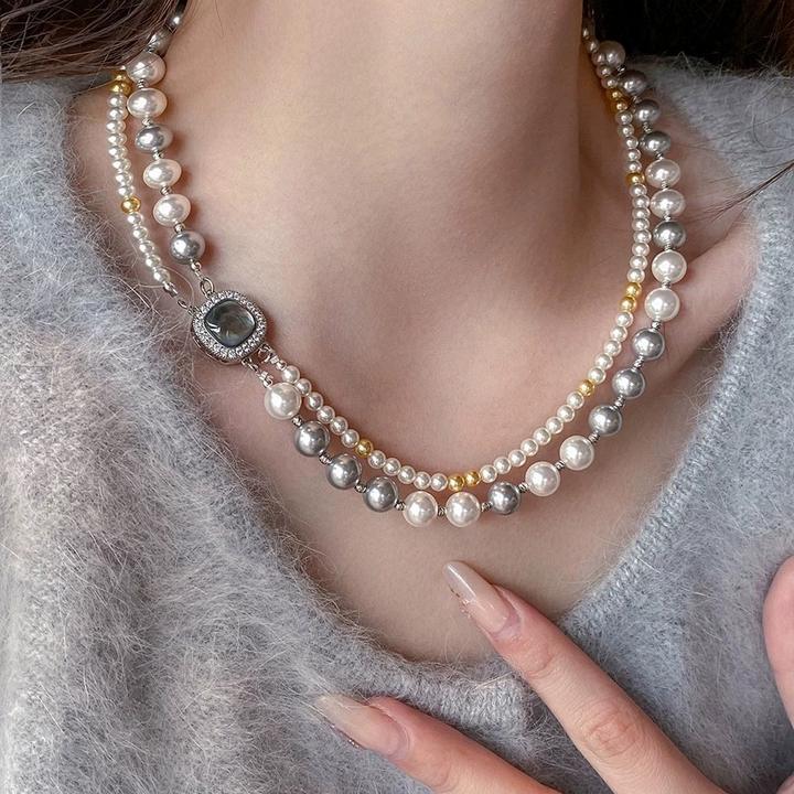 铜合金仿珍珠项链 法式【设计师】倪妮同款珍珠项链彩色双层锁骨链