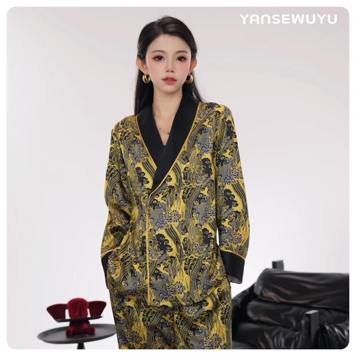 妍色物语【鎏金云纹】轻奢鎏金云纹爆款家居服丝织睡衣女套装长袖