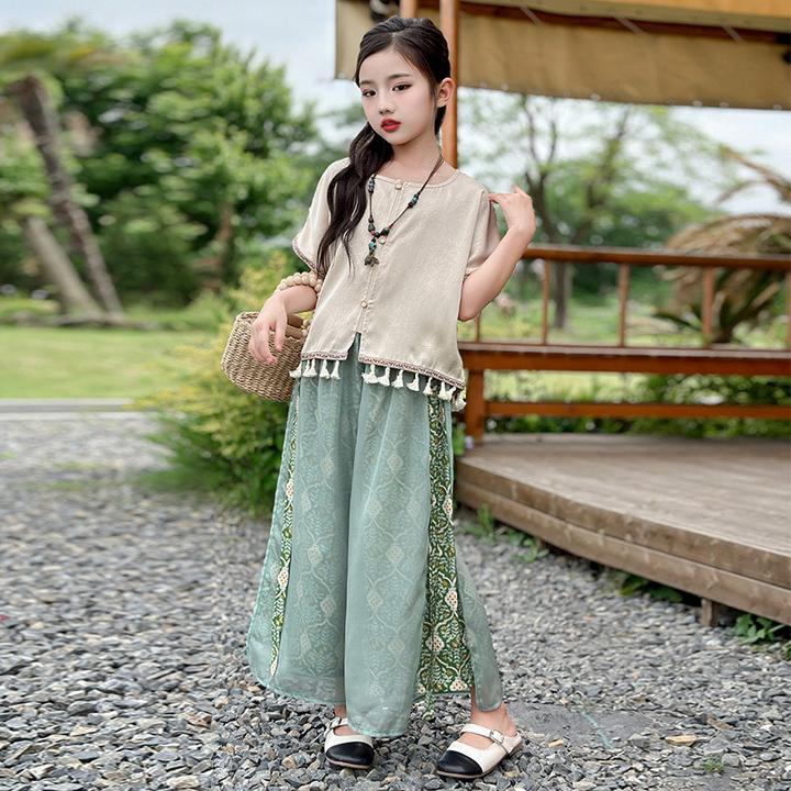 女童中国风套装夏装2025新款大童女孩汉服新中式衣服民族风两件套