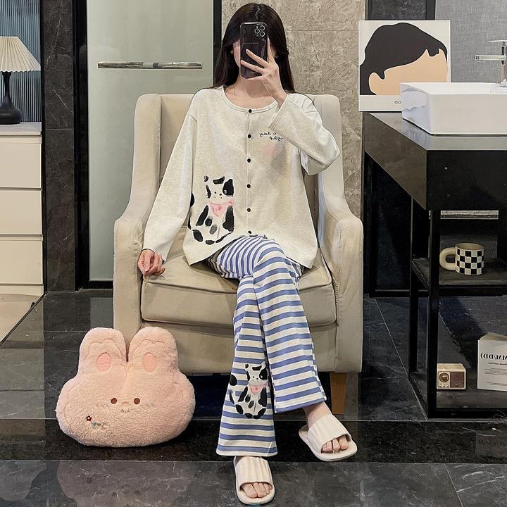 长袖睡衣女春秋精梳棉大码2025年新款可外穿条纹裤猫咪套装家居服