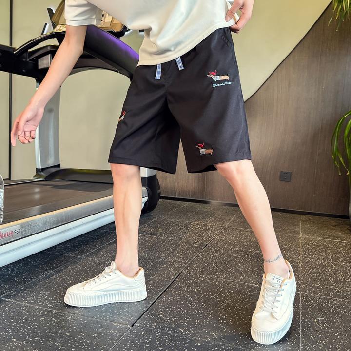 腊肠狗刺绣速干短裤男款夏季薄款休闲运动直筒裤美式五分沙滩裤子