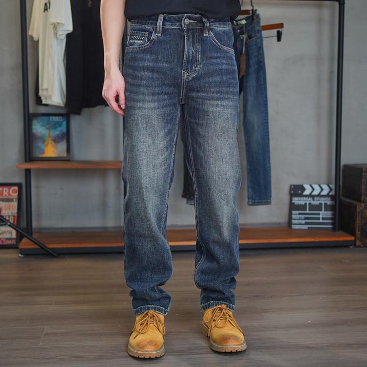 DH81070秋冬款四面弹力蓝灰色复古百搭水洗宽松牛仔裤直筒加长