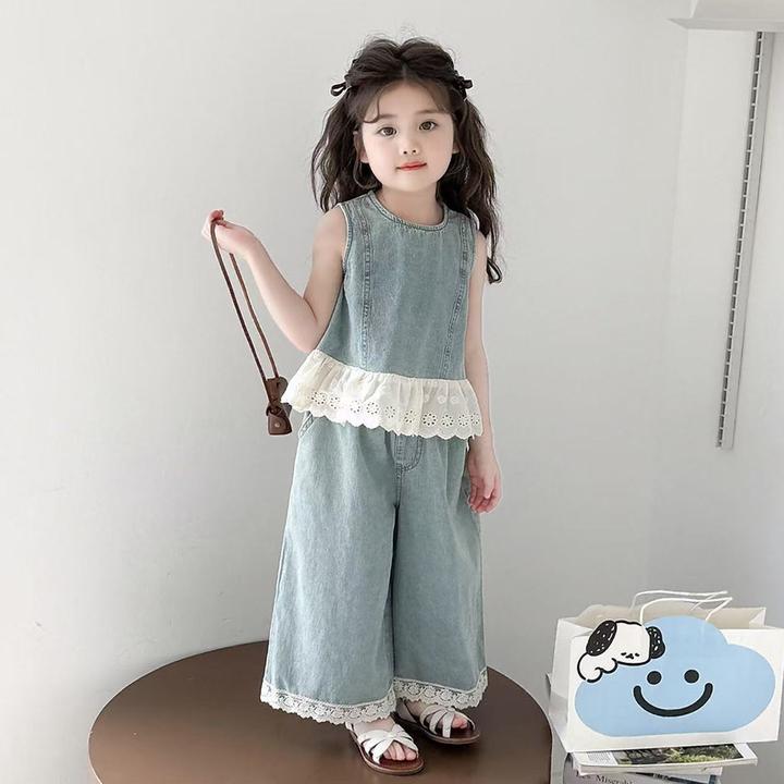 女童2025夏季水洗牛仔套装儿童无袖背心上衣花边阔腿裤薄款韩版