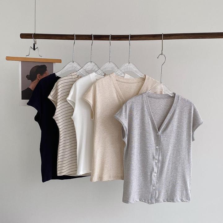 天丝亚麻棉V领T恤开衫春夏薄款亲肤纽扣外套短袖上衣