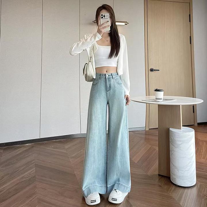 小个子新款牛仔裤九分长裤高腰显瘦百搭显腿长阔腿直筒喇叭裤