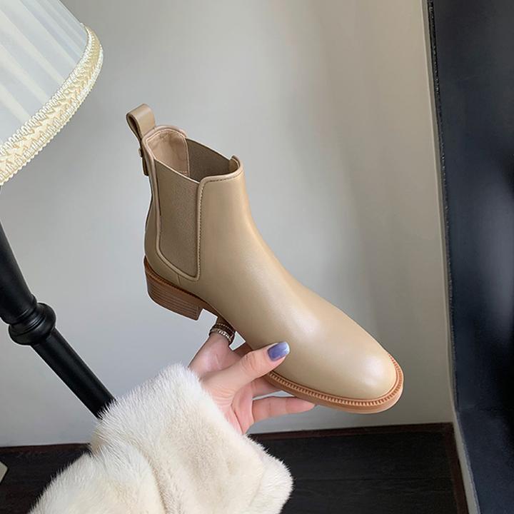 英伦风切尔西短靴女2025秋冬圆头小粗跟弹力烟筒靴粗跟马丁靴女
