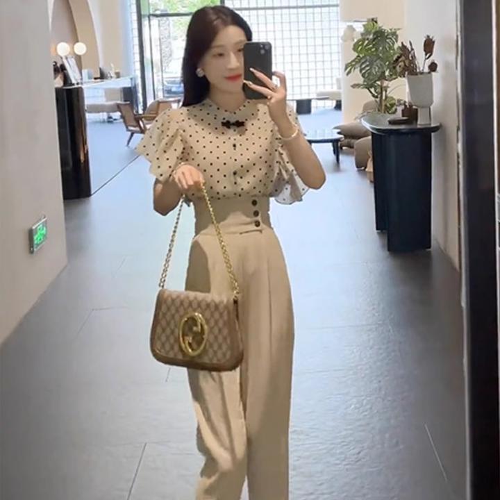 【两件套】搭配一整套2025新气质荷叶边衬衫休闲西装裤两件套D1364