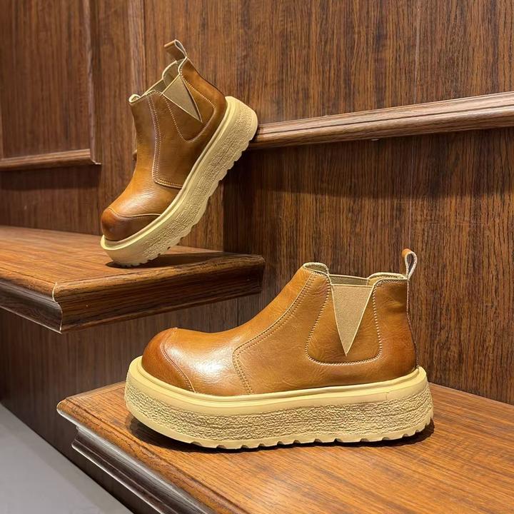 男鞋潮流复古港风一脚蹬皮革拼接高帮马丁靴秋冬季时尚厚底潮男鞋