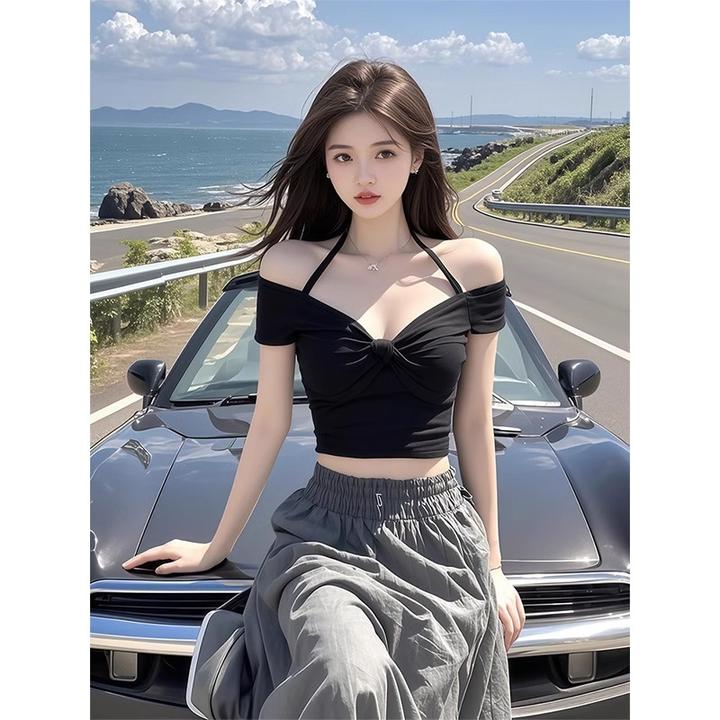 黑色短袖t恤女2025新款夏季爆款独特绝美性感短款挂脖一字肩上衣